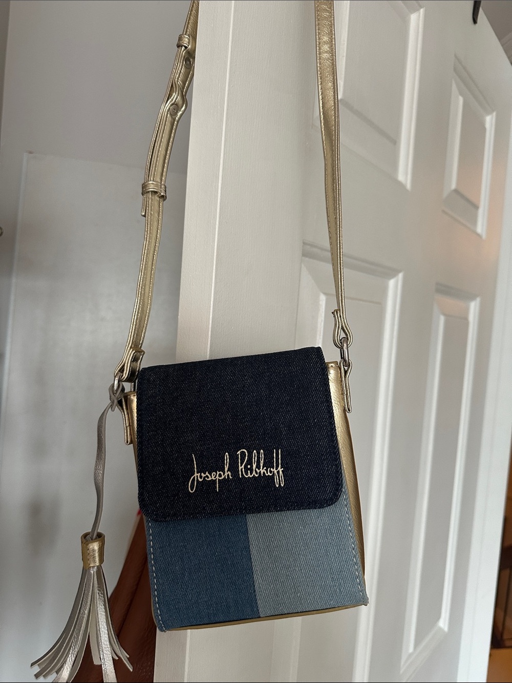 Joseph Ribkoff Blue Denim Crossbody Bag with Gold Strap